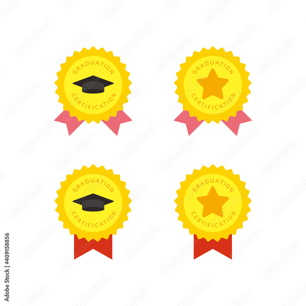 Graduation cap, star-shaped education completion graduation certification badge illustration collection. Graduation cap, star-shaped education completion graduation certification badge illustration collection.