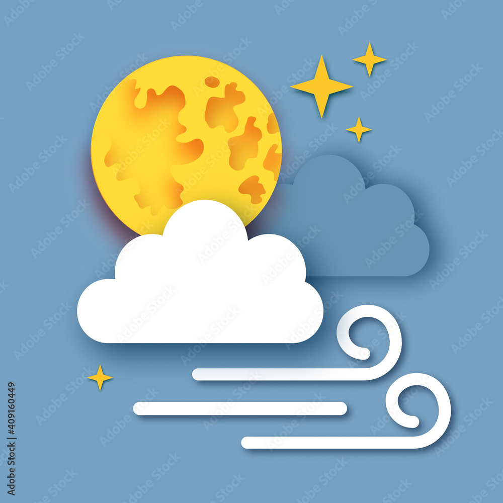 Night sky with Full Moon. Cloudy sky. Windy. Stars. Paper cut Weather. Night sky with Full Moon. Cloudy sky. Windy. Stars. Paper cut Weather.