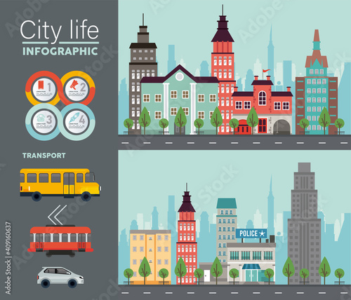 city life megalopolis lettering in cityscapes scenes and vehicles