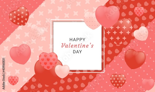 Valentine's day concept background.  3d red and pink hearts with white square frame. Cute love sale banner or greeting card