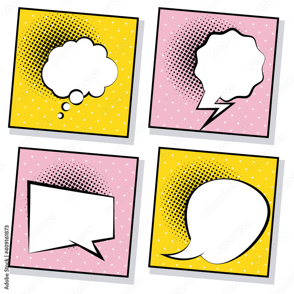 four retro speech bubbles drawn pop art style in pink and yellow backgrounds