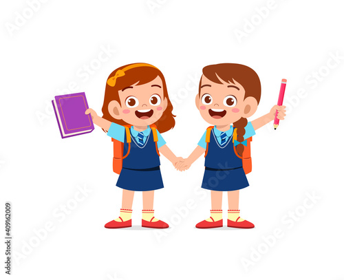 cute little kid girl holding hand with her friend