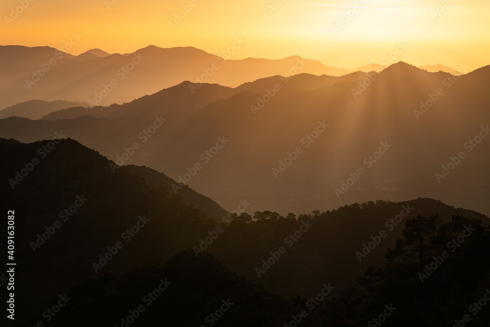 Beautiful sunrise in Troodos mountains, Cyprus