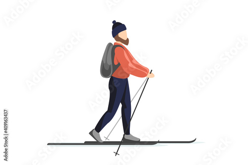 Skier in winter clothes and hat with backpack is skiing. Man training walk on skis. Holiday recreation ski sport activity vector isolated illustration