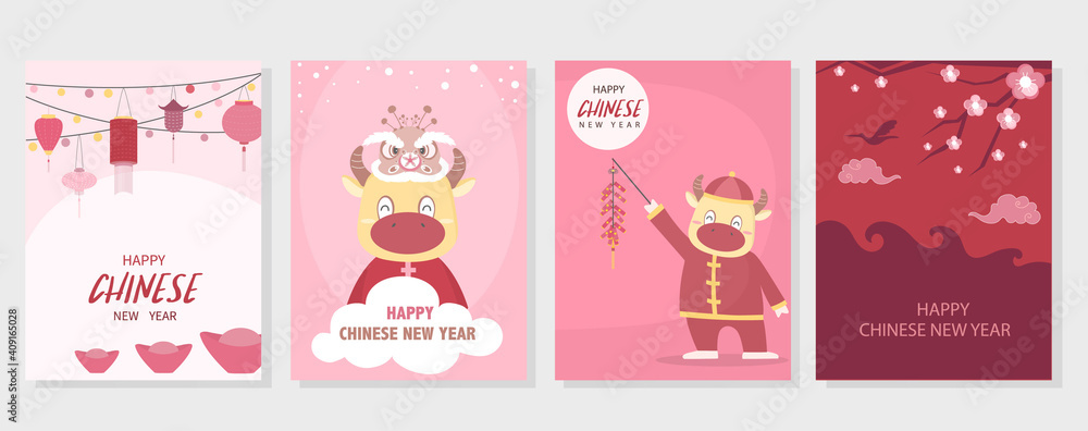 Chinese New Year 2021, the year of the cow,Little asian,cute cards, poster, template, greeting cards, Vector illustrations.