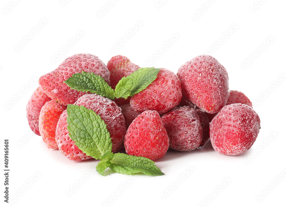 Frozen strawberry and fresh mint on white background Frozen strawberry and fresh mint on white background