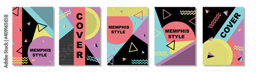 Set of Memphis Style Covers. Flat Vector Illustrations for Background, Brochures, Posters and Banners.