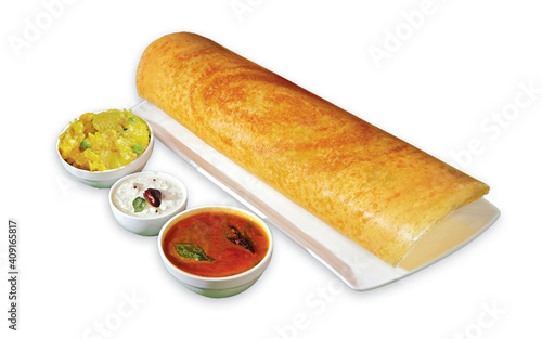 South Indian Masala Dhosa or dosa served with sambhar, coconut chutney, red chutney and green chutney, South Indian Breakfast