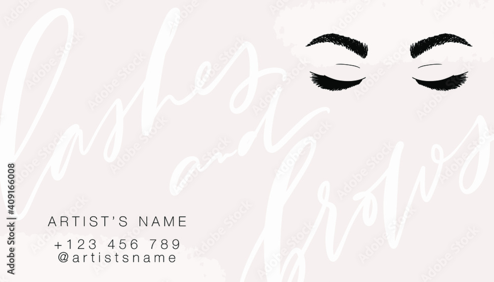 Lashes and brows master ivory pastel business card template with modern calligraphy and woman’s eyes clipart.