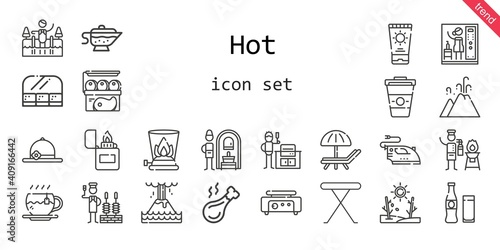 hot icon set. line icon style. hot related icons such as fire extinguisher, iron table, churrasco, crepe maker, russian banya, lighter, sauce, cold water, bbq grill, tea, sunbed, drought