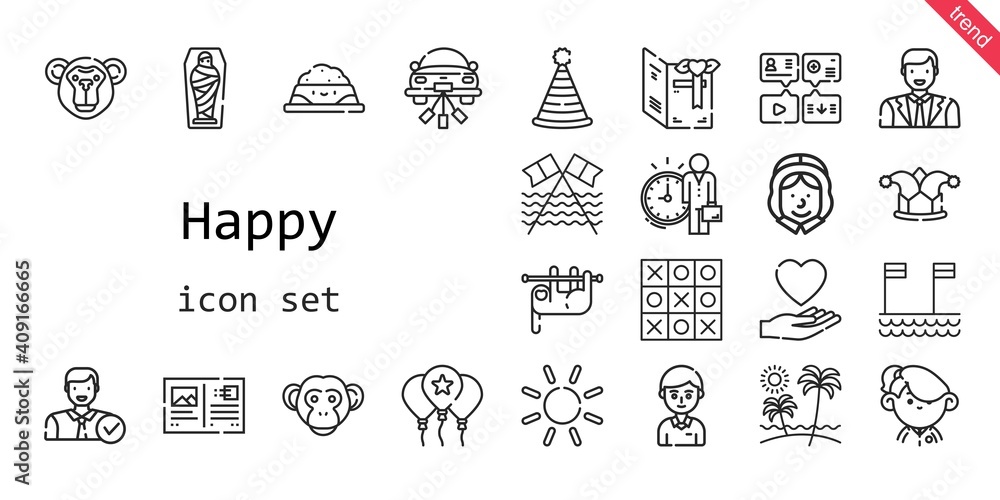 happy icon set. line icon style. happy related icons such as love, pet food, balloon, monkey, student, mummy, pilgrim, employee, message, sloth, sun, wedding car, postcard