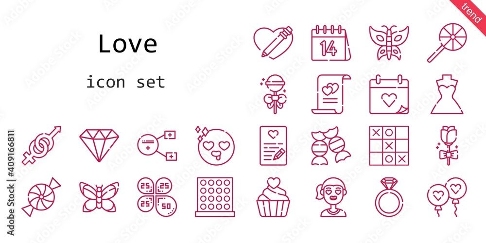 love icon set. line icon style. love related icons such as wedding dress, balloon, gender, candy, engagement ring, wedding day, lollipop, girl, sharing, petals, heart, diamond, in love, butterfly