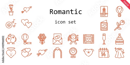 romantic icon set. line icon style. romantic related icons such as love, dress, dreamcatcher, bouquet, wedding video, favourite, heart, champagne glass, cupid, hot air balloon