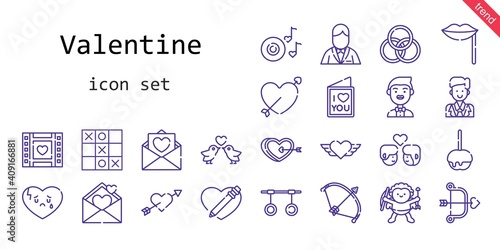 valentine icon set. line icon style. valentine related icons such as groom, couple, broken heart, caramelized apple, bow, wedding video, heart, cupid, lips, romantic music, rings, love birds