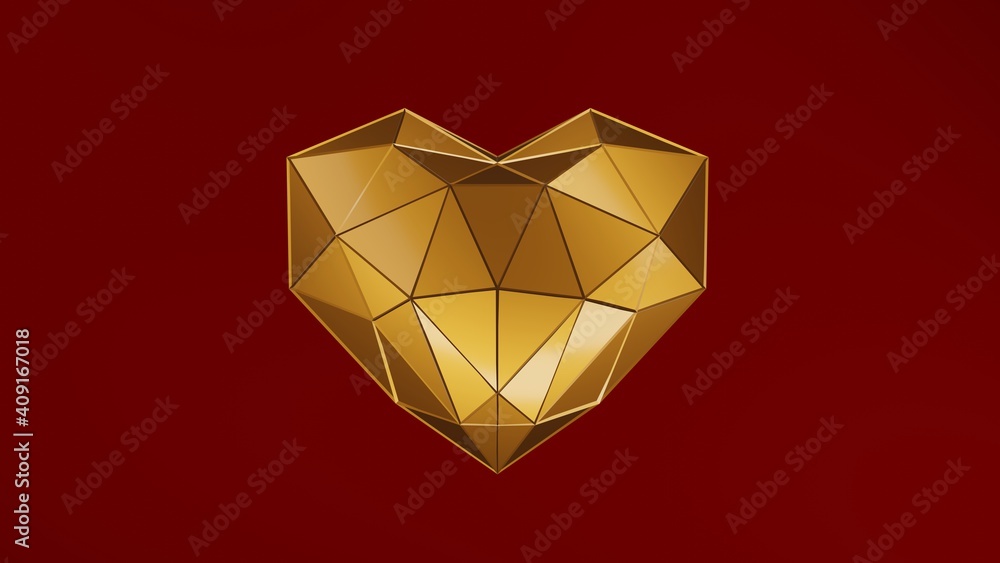 Low poly heart of gold tile above red background. 3d illustration. 3d rendering Low poly heart of gold tile above red background. 3d illustration. 3d rendering