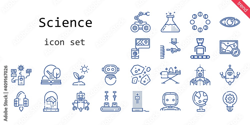science icon set. line icon style. science related icons such as asteroids, moon phases, sprout, idea, hologram, brain, robot, spaceship, eye, globe, open book