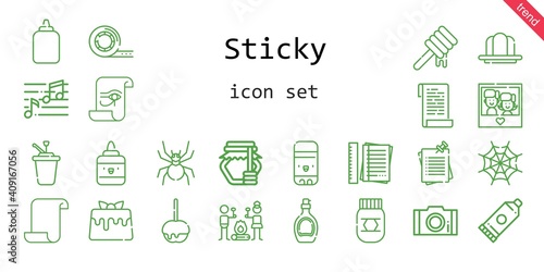 sticky icon set. line icon style. sticky related icons such as note, notes, caramel, glue, photo, caramelized apple, syrup, smore, spider web, paper, tape, glue stick