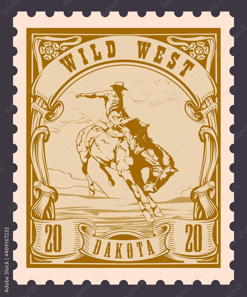 Obraz premium vector image of a cowboy on a horse in the form of a postage stamp printing on paper and t-shirt 