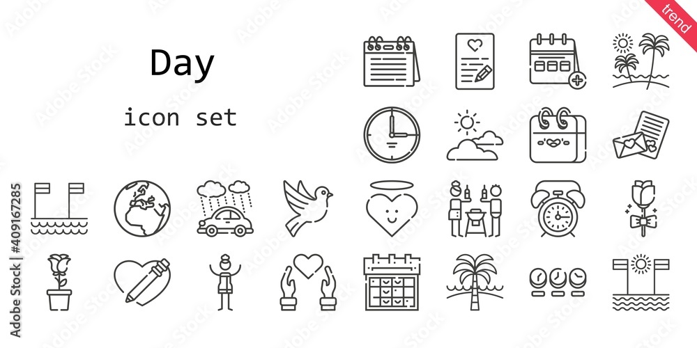 day icon set. line icon style. day related icons such as alarm clock, calendar, rain, woman, clock, heart, friends, cloudy, dove, beach, earth, love letter, rose, time,