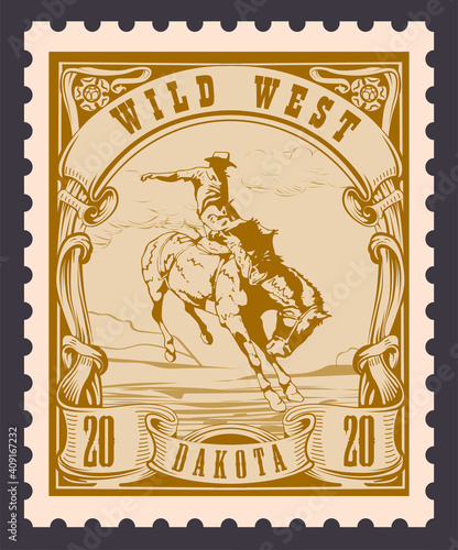 vector image of a cowboy on a horse in the form of a postage stamp printing on paper and t-shirt	
