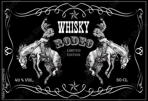 vector image of vintage label with a cowboy riding a wild horse for whiskey in art style