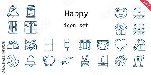 happy icon set. line icon style. happy related icons such as gift, garland, cookie, drum, bell, heart, popsicle, jumping rope, cupid, ball, frog, sharpener, tic tac toe, beach