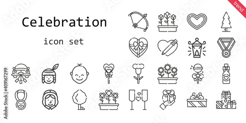 celebration icon set. line icon style. celebration related icons such as gift, native american, flowers, tree, lollipop, pilgrim, bow, heart, flower, wedding car, tulips, oil lamp, medal