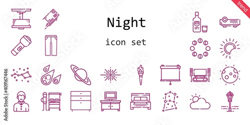 night icon set. line icon style. night related icons such as bed, saturn, tv table, moon phases, street lamp, trousers, torch, lamp, big bang, eclipse, cloudy, moon, vodka, constellation