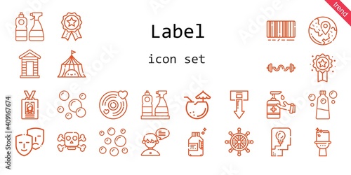 label icon set. line icon style. label related icons such as antiseptic, tent, poison, comedy, cabin, thinking, bars, coconut, badges, badge, detergent, id card, download, toilet, chat, rudder