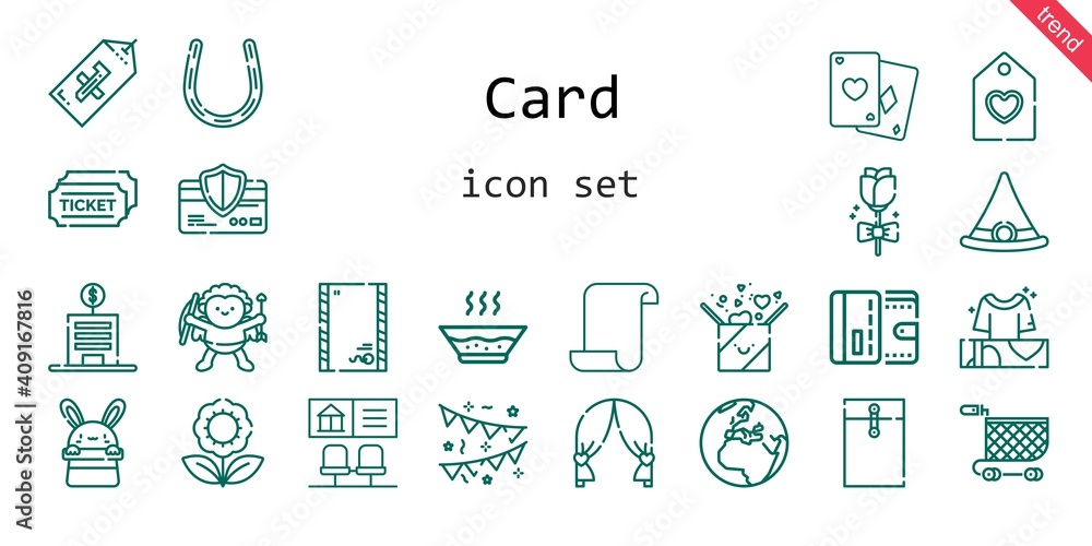card icon set. line icon style. card related icons such as gift, soup, wallet, tickets, poker, garlands, flower, horseshoe, cupid, bank, envelope, paper, wedding arch, witch hat, earth