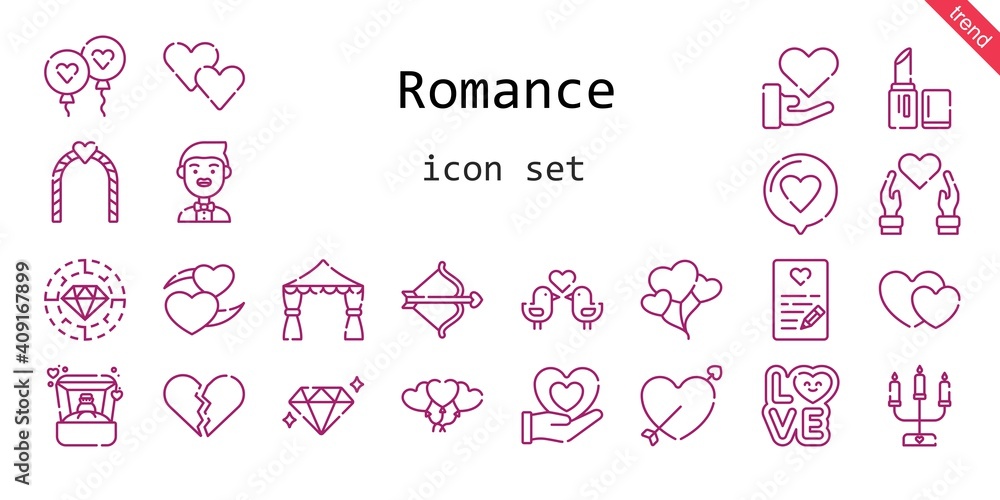 romance icon set. line icon style. romance related icons such as love, balloon, groom, balloons, ring, broken heart, lipstick, heart, cupid, diamond, wedding arch, love birds, candelabra