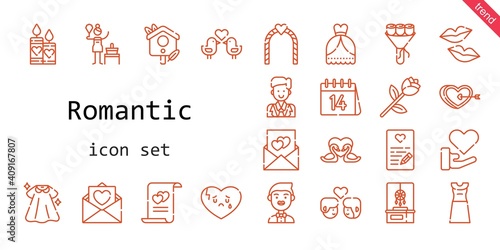 romantic icon set. line icon style. romantic related icons such as love, dress, wedding dress, dreamcatcher, groom, couple, birch, broken heart, bouquet, candles, kiss, heart