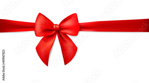 Red ribbon with bow isolated on white background. Holiday decoration. Realistic 3d vector illustration.