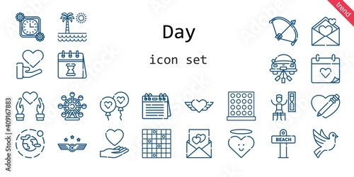 day icon set. line icon style. day related icons such as love, calendar, balloon, wedding day, air force, bow, heart, wedding car, timer, environment, dove, ferris wheel, tic tac toe, beach