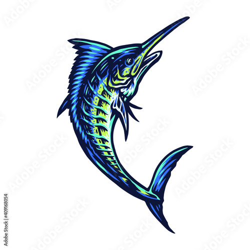 Blue marlin fish, hand drawn line style with digital color, vector illustration