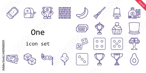 one icon set. line icon style. one related icons such as banana, cotton candy, eye mask, tickets, ticket, top hat, broom, dice, money bag, dollar, notification bell, sharpener, binary code, trophy