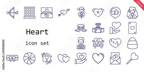 heart icon set. line icon style. heart related icons such as love, bride, groom, wedding ring, candy, like, garter, broken heart, lollipop, heart, swans, wedding car, cupid, bird house, tic tac toe