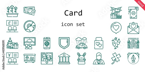 card icon set. line icon style. card related icons such as gift, love, rain, groom, canvas, ticket, wedding gift, christmas tree, clover, photo, terrarium, bank, security, tulips, money, earth
