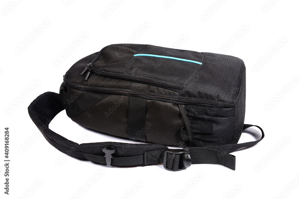 Naklejka premium black photo backpack, travel and hiking concept. isolated on white background.