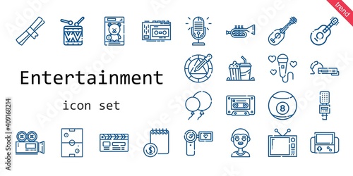 entertainment icon set. line icon style. entertainment related icons such as recorder, balloons, popcorn, wheel, television, degree, video camera, camcorder, cassette, air hockey, clapperboard, agenda