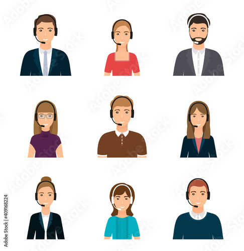 Call center avatars in headset. Operators customer service in headphones. People character icons with telephones on white background. Vector illustration. Helpline stuff.