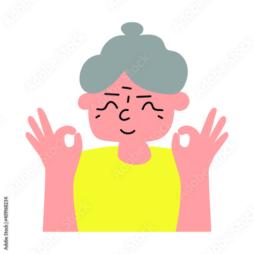 Smiling old lady showing ok sign. Vector illustration on white background.