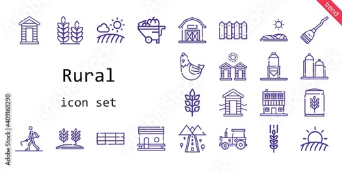 rural icon set. line icon style. rural related icons such as wheelbarrow, broom, cabin, silo, farmer hoeing, hen, farm house, chicken coop, field, road, barn, tractor, wheat, hay bale, fence, cabins,