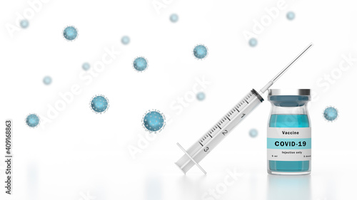 Quadro em tela Illustration of the Sars-CoV-2 coronavirus vaccine in a bottle with a syringe against the background of a stream of Covid-19 molecules