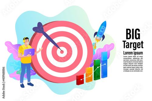 Business Vision, big target with businessman. move up motivation, target achievement, successful contract team work. Vector illustration.