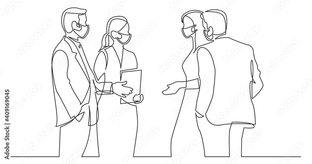 continuous line drawing of standing businee people wearing face masks discussing deal