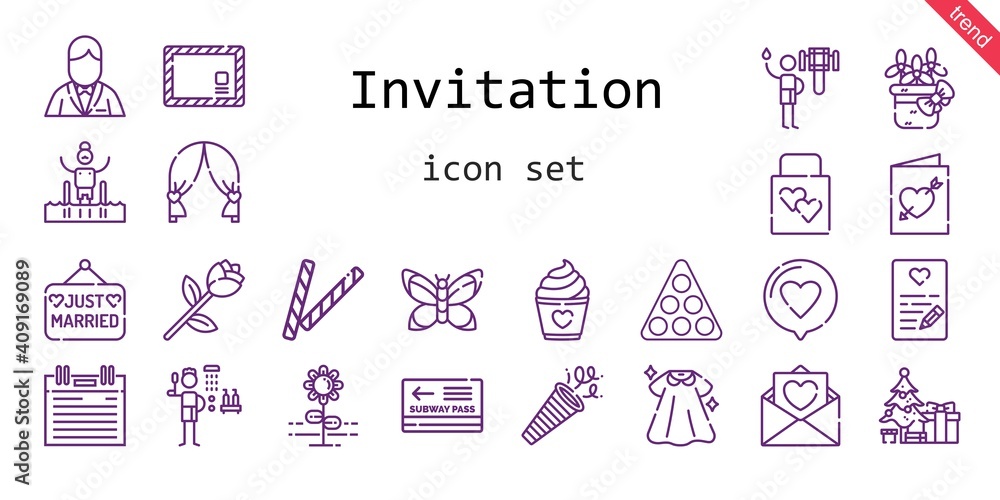 invitation icon set. line icon style. invitation related icons such as love, shower, dress, confetti, groom, just married, pass, wedding gift, christmas tree, pool, agenda, decorative, flower invitation icon set. line icon style. invitation related icons such as love, shower, dress, confetti, groom, just married, pass, wedding gift, christmas tree, pool, agenda, decorative, flower