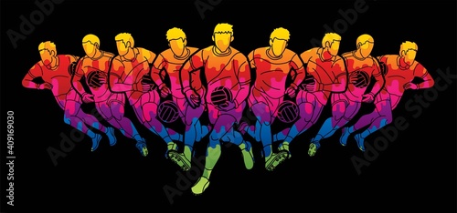 Group of Gaelic Football Men Players Action Cartoon Graphic Vector.
