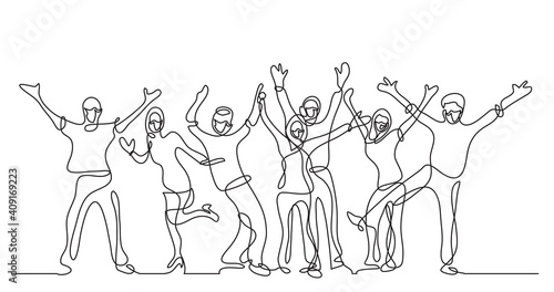 continuous line drawing of happy cheerful crowd of people wearing face masks