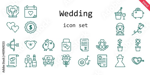 wedding icon set. line icon style. wedding related icons such as bride, love, wedding dress, wedding gift, wedding day, bouquet, tulip, label, swans, heart, flower, wedding car, cupid, romantic 